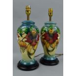 A PAIR OF MOORCROFT ANNA LILY TABLE LAMPS, of baluster form, designed by Nicola Slaney, both mounted