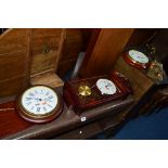 THREE VARIOUS MODERN WALL CLOCKS, and two brass fire irons (5)