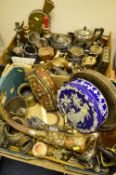 TWO BOXES OF METALWARES etc, to include four piece plated teaservice, oriental horn etc