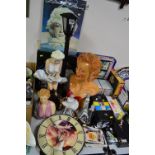 MARALYN MONROE, a collection of ornaments, plaster bust, table lamp, wall clocks, DVD's, pictures,