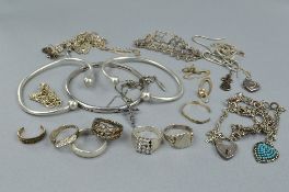 A MIXED BAG OF 925 SILVER, including rings, bangles, chains, etc, approximate weight 157.5 grams