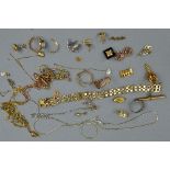 A BAG OF MIXED YELLOW METAL JEWELLERY, etc