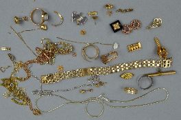 A BAG OF MIXED YELLOW METAL JEWELLERY, etc