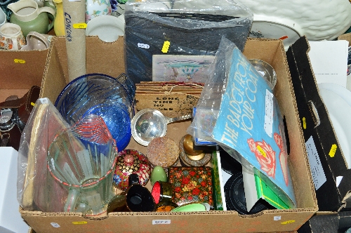 A BOX OF SUNDRIES, to include a boxed pair of crown green bowls, pressed glassware, P & O