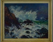 FERRAN POSJOAN (SPANISH 1916 - 1993) 'STORMY SEA', oil on board of waves crashing on to rocks,