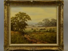 LESLEY HAMMETT (BRITISH, B 1955) 'IN THE MEADOW', saddleback pigs in a dusky landscape, oil on