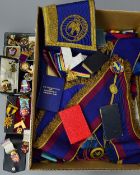 A BOX AND TRAY OF MASONIC APRONS, medals and badges, etc
