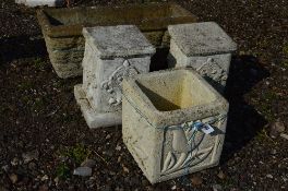TWO COMPOSITE GARDEN PLANTERS, and two columns (4)
