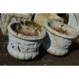 A PAIR OF COMPOSITE GARDEN URN TOPS (no bases), approximately 47cm in diameter x 40cm high