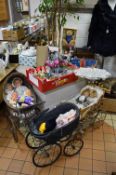 TWO BOXES AND VARIOUS SUNDRY ITEMS, to include three reproduction dolls prams, various dolls, books,