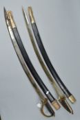 TWO MIDDLE EASTERN/ASIAN CONTINENT CURVED SWORDS, with leather and metal scabbards, both blades have