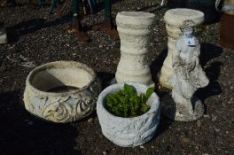 TWO COMPOSITE COLUMNS, a figure of a Mermaid and two planters (5)