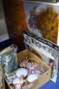 A SMALL BOX AND LOOSE SUNDRY ITEMS, to include Olympic stamp album, oriental teawares, picture,