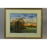 D.HADDOW (CONTEMPORARY), EVENING FLIGHT, geese over water at sunset, watercolour, signed lower