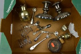 A BOX OF MISCELLANEOUS SILVER PLATE, etc