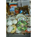 TWO BOXES OF CERAMICS, METALWARES, THEATRE PROGRAMMES, etc, to include 19th Century hand painted