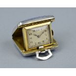 AN EARLY TWENTIETH CENTURY TWO TONE BLUE ENAMELLED TRAVELLING WATCH, rectangular enamelled case