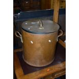 A LARGE EARLY 20TH CENTURY COPPER PAN WITH LID, and twin handles, approximate size diameter 40cm x