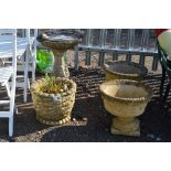 A COMPOSITE BIRD BATH, and three composite garden planters (4)