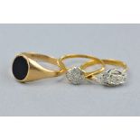 THREE MIXED RINGS, to include a 9ct onyx, ring size Q, approximate weight 2.9 grams, two 18ct