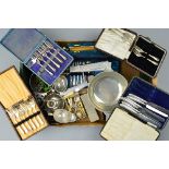 A BOX OF MISCELLANEOUS PLATED WARE, etc