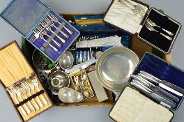 A BOX OF MISCELLANEOUS PLATED WARE, etc