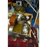 A BOX OF SUNDRIES, to include a four piece Walker & Hall tea service, copper warming pan, tins etc