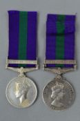 TWO GENERAL SERVICE MEDALS, GRVI Palestine 1945-48 Bar, correctly named to 21041524 Gnr D.P. Garland