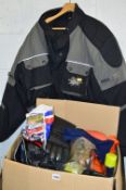 A BOX OF MOTORCYCLING GEAR, to include gloves, snoads etc and a Buffalo XL motorcycling jacket