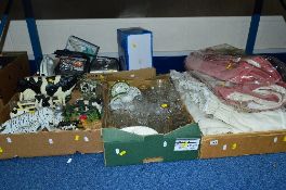 FOUR BOXES OF HOUSEHOLD SUNDRIES, including curtains, animal ornaments, door stops etc (valance