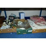 FOUR BOXES OF HOUSEHOLD SUNDRIES, including curtains, animal ornaments, door stops etc (valance