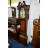 A GEORGIAN OAK, MAHOGANY AND INLAID LONG CASE CLOCK, 30 hour movement, subsidiary date aperture,