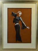 JOHN MOULD (BRITISH CONTEMPORARY), a pastel drawing of woman dressed in black, possibly dancing,
