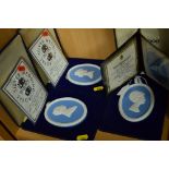 THREE BOXED WEDGWOOD BLUE AND WHITE PORTRAIT MEDALLIONS, to commemorate HRH The Princess Margaret