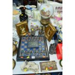 A MODERN BATTLE OF WATERLOO CHESS SET, two modern oil on board paintings of poultry, a Victorian