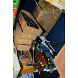 A BOXED TROLLEY JACK, five trays of tools, a saw, a hand drill and a brace (9)