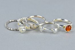A SELECTION OF FIVE 925 SILVER STACKING RINGS, ring size J1/2, approximate weight 13.0 grams