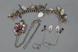 A SUITE OF SILVER AND COSTUME JEWELLERY, including necklace, bracelet and a pair of earrings
