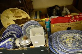 THREE BOXES AND LOOSE CERAMICS, BOOKS, BREWERY ITEMS, BAGS ETC, to include 'Willow' pattern meat