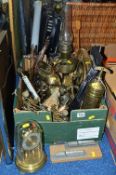 A BOX OF METALWARE, etc, to include shot flask, Minimax extinguisher, oil lamp, temperature gauge,