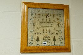 AN EARLY 19TH CENTURY NEEDLEWORK SAMPLER, central verse surrounded by birds, flowers and trees