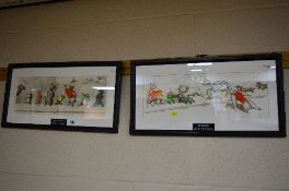 BORIS O'KLEIN, three humourous cartoon hand coloured prints, signed by the artist in pencil, 16cm