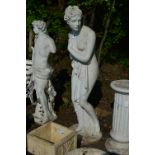 A LARGE COMPOSITE GARDEN FIGURE OF A SEMI CLAD GRECIAN LADY, standing approximately 160cm high