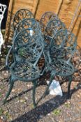 A SET OF SIX CAST ALUMINIUM GARDEN CHAIRS (one without arms)