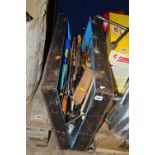 A WOODEN CARPENTERS TOOLBOX, including Spear and Jackson saws, hammer, mallets, etc