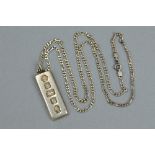 A SILVER INGOT ON SILVER CHAIN, approximate weight 39.2 grams