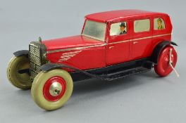 AN UNBOXED CHAD VALLEY LITHOGRAPHED TINPLATE CLOCKWORK SALOON CAR, No.10004, red body, black chassis