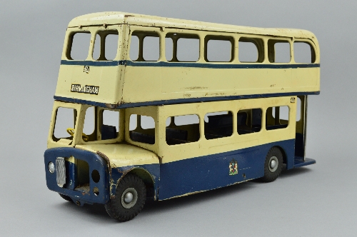 A TRI-ANG PRESSED STEEL PULL ALONG AEC ROUTEMASTER/REGENT V DOUBLE DECKER BUS IN BIRMINGHAM