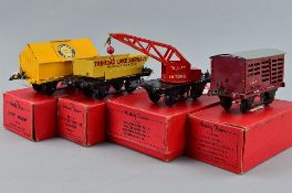 FOUR BOXED HORNBY O GAUGE NO.1 WAGONS, Milk Traffic Van, BR S2435 in maroon, with three milk churns,