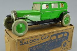 A BOXED CHAD VALLEY LITHOGRAPHED TINPLATE CLOCKWORK SALOON CAR, No.10004, green body, black